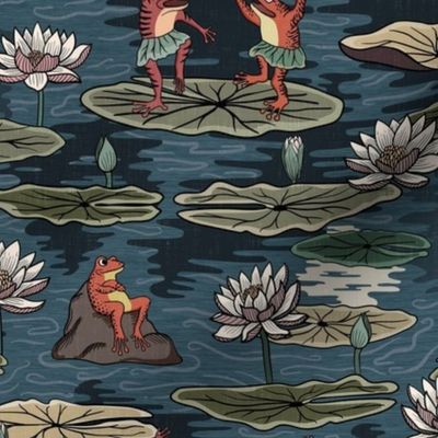 Quirky orange frogs dancing in the moonlight, on lily pads, water lilies, lotus flowers - green, teal - medium