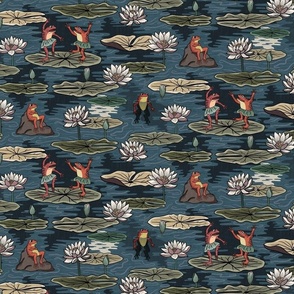 Quirky orange frogs dancing in the moonlight, on lily pads, water lilies, lotus flowers - green, teal - medium