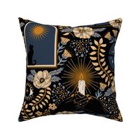 Cozy indoor floral with candle light, night sky & mystical cat  - large