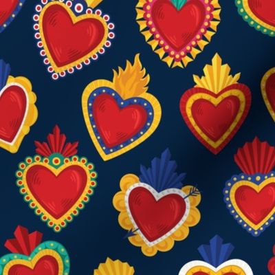 Mexican Sacred Hearts Pattern with Blue Background by Akbaly