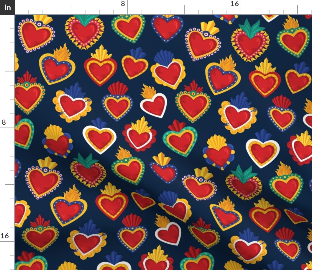 Mexican Sacred Hearts Pattern with Blue Background by Akbaly