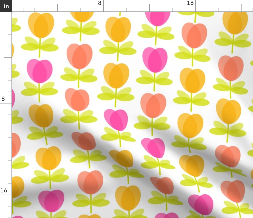 Vertical Rows of Translucent Hot Pink, Papaya and Marigold Tulips with Chartreuse Leaves on White Ground