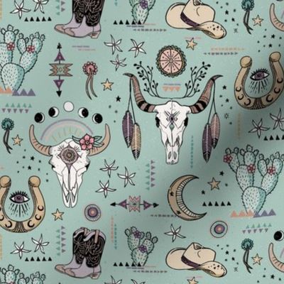  Boho tribal cowgirl ephemera - western, cowboy boots, cow skulls - dusty green, very small - 6.7inch W repeat