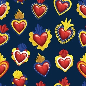 Mexican Shiny Sacred Hearts Pattern in Blue By Akbaly