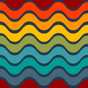 Large Scale Retro Rainbow Stripes Groovy Wavy Sunrise Sunset Coordinate on Navy