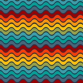 Small Scale Retro Rainbow Stripes Groovy Wavy Sunrise Sunset Coordinate on Navy