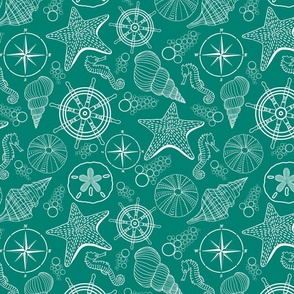 Shells Minimalist on Dark Sky Blue (Tossed pattern) with seahorses, nautical motifs, and more