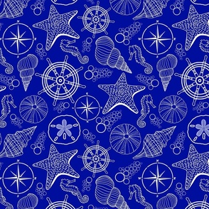 Shells Minimalist on Dark Royal blue (Tossed pattern) with seahorses, nautical motifs, and more