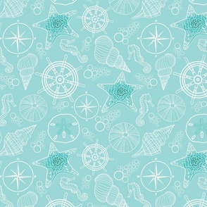 Shells Minimalist on Sea glass blue/pool green (Tossed pattern) with seahorses, nautical motifs, and more