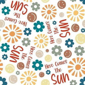 Large Scale Here Comes The Sun Retro Sunshine Smile Faces and Daisy Flowers on White