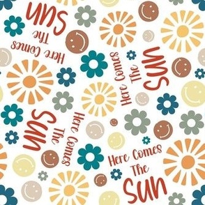 Medium Scale Here Comes The Sun Retro Sunshine Smile Faces and Daisy Flowers on White