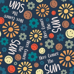 Large Scale Here Comes The Sun Retro Sunshine Smile Faces and Daisy Flowers on Navy