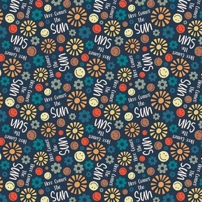 Small Scale Here Comes The Sun Retro Sunshine Smile Faces and Daisy Flowers on Navy