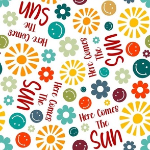 Large Scale Here Comes The Sun Retro Sunshine Smile Faces and Daisy Flowers on White