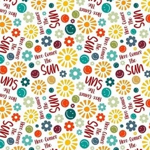 Small Scale Here Comes The Sun Retro Sunshine Smile Faces and Daisy Flowers on White