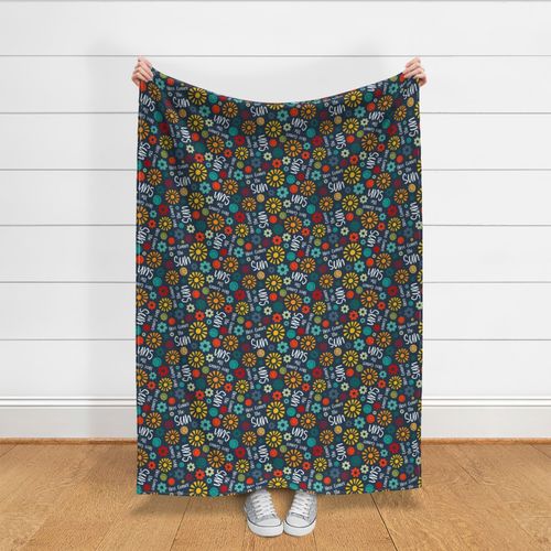 Large Scale Here Comes The Sun Retro Sunshine Smile Faces and Daisy Flowers on Navy