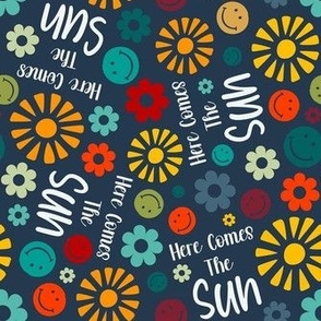 Medium Scale Here Comes The Sun Retro Sunshine Smile Faces and Daisy Flowers on Navy