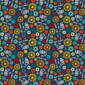 Small Scale Here Comes The Sun Retro Sunshine Smile Faces and Daisy Flowers on Navy