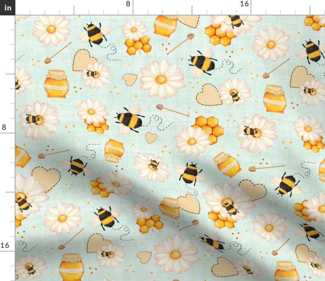 Large Scale Sweet As Can Bee Bumblebees Honey Daisies on Pale Mint Green