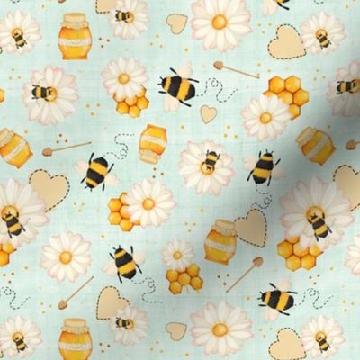 Medium Scale Sweet As Can Bee Bumblebees Honey Daisies on Pale Mint Green