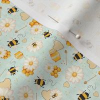 Small Scale Sweet As Can Bee Bumblebees Honey Daisies on Pale Mint Green
