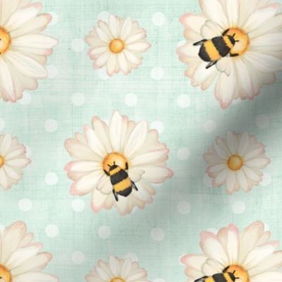 Large Scale Sweet As Can Bee Bumblebees and Daisies Coordinate Pale Mint Green and Polkadots