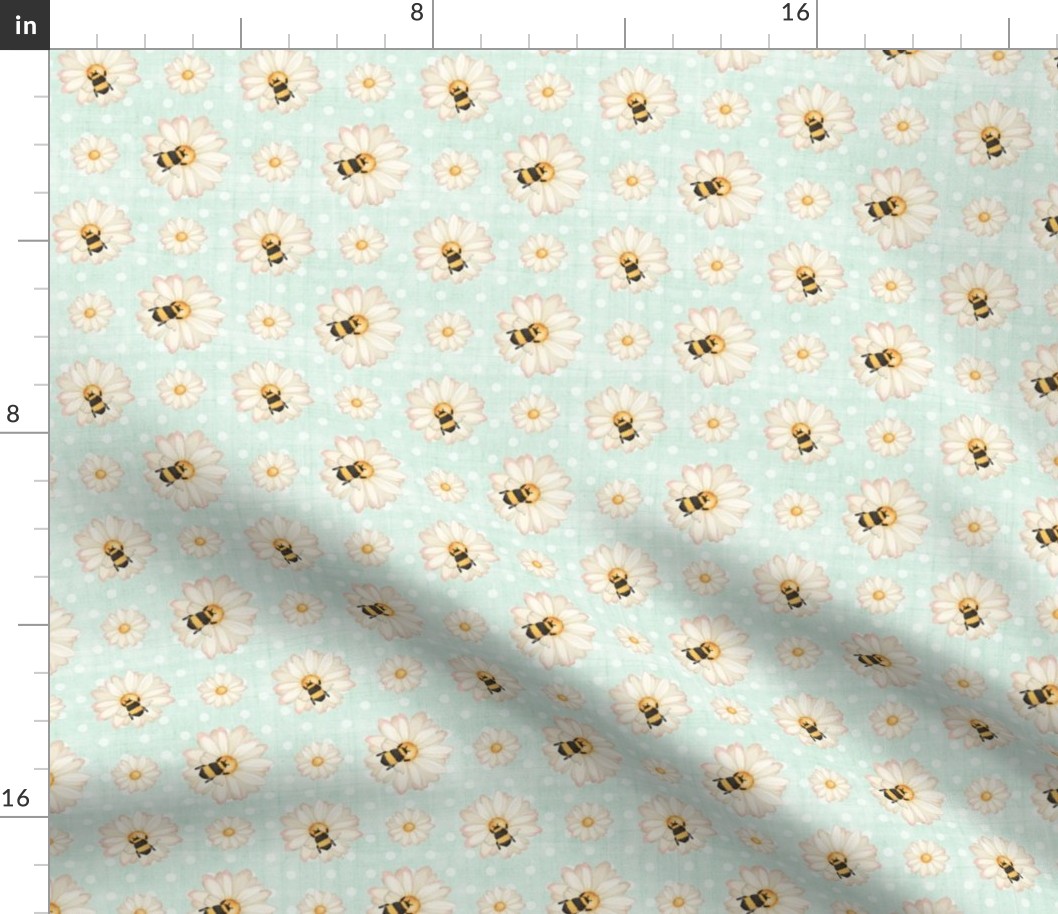 Medium Scale Sweet As Can Bee Bumblebees and Daisies Coordinate Pale Mint Green and Polkadots