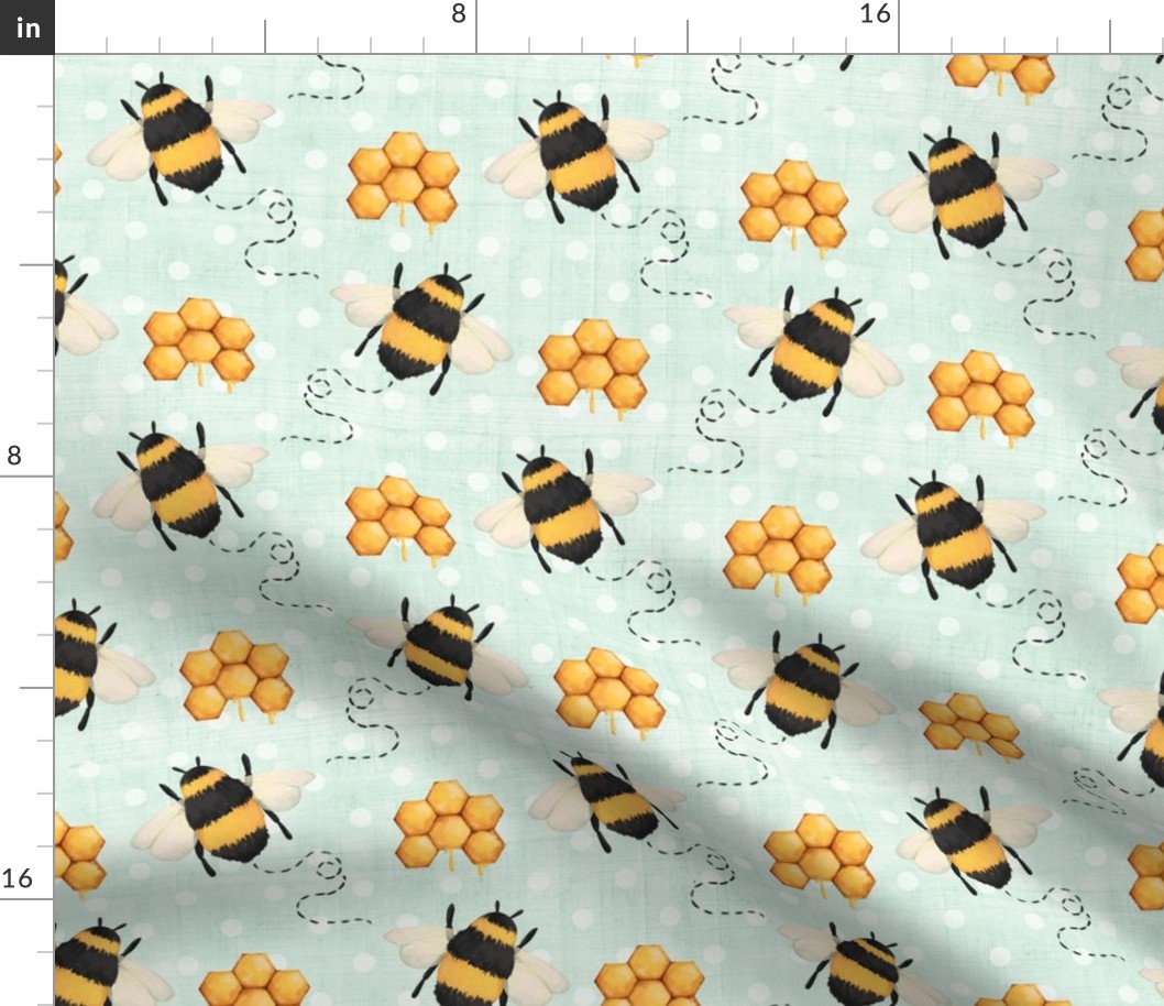Large Scale Sweet As Can Bee Nursery Coordinate Bumblebees and Honeycomb on Pale Mint Green and Polkadots