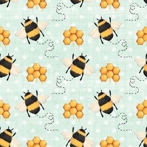Medium Scale Sweet As Can Bee Nursery Coordinate Bumblebees and Honeycomb on Pale Mint Green and Polkadots