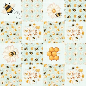 Bigger Scale Rotated Patchwork 6" Squares Sweet As Can Bee Bumblebees for Blanket or Cheater Quilt in Pale Mint Green