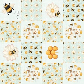 Smaller Scale Rotated Patchwork 3" Squares Sweet As Can Bee Bumblebees for Blanket or Cheater Quilt in Pale Mint Green