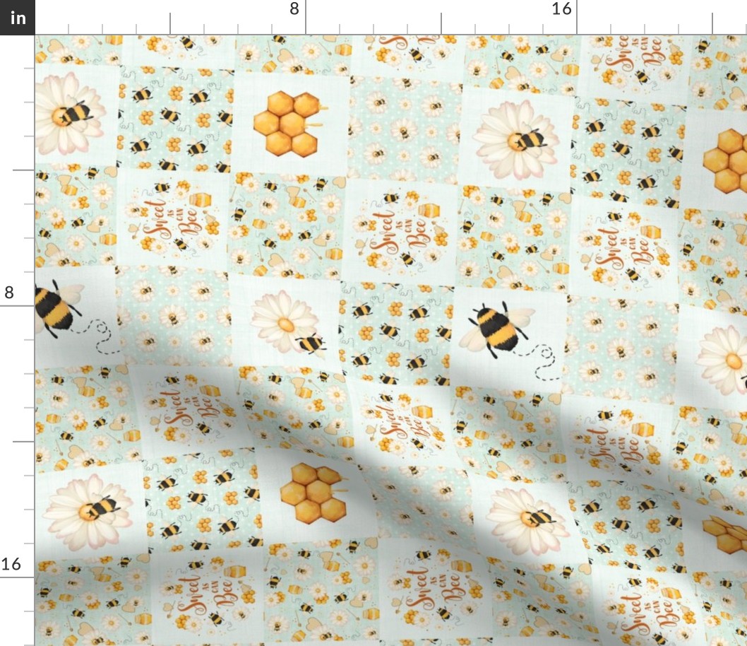 Smaller Scale Rotated Patchwork 3" Squares Sweet As Can Bee Bumblebees for Blanket or Cheater Quilt in Pale Mint Green