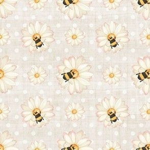 Medium Scale Sweet As Can Bee Bumblebees and Daisies Nursery Coordinate Pale Natural Sand and Polkadots