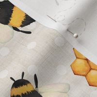 Large Scale Sweet As Can Bee Nursery Coordinate Bumblebees and Honeycomb on Pale Natural Sand and Polkadots