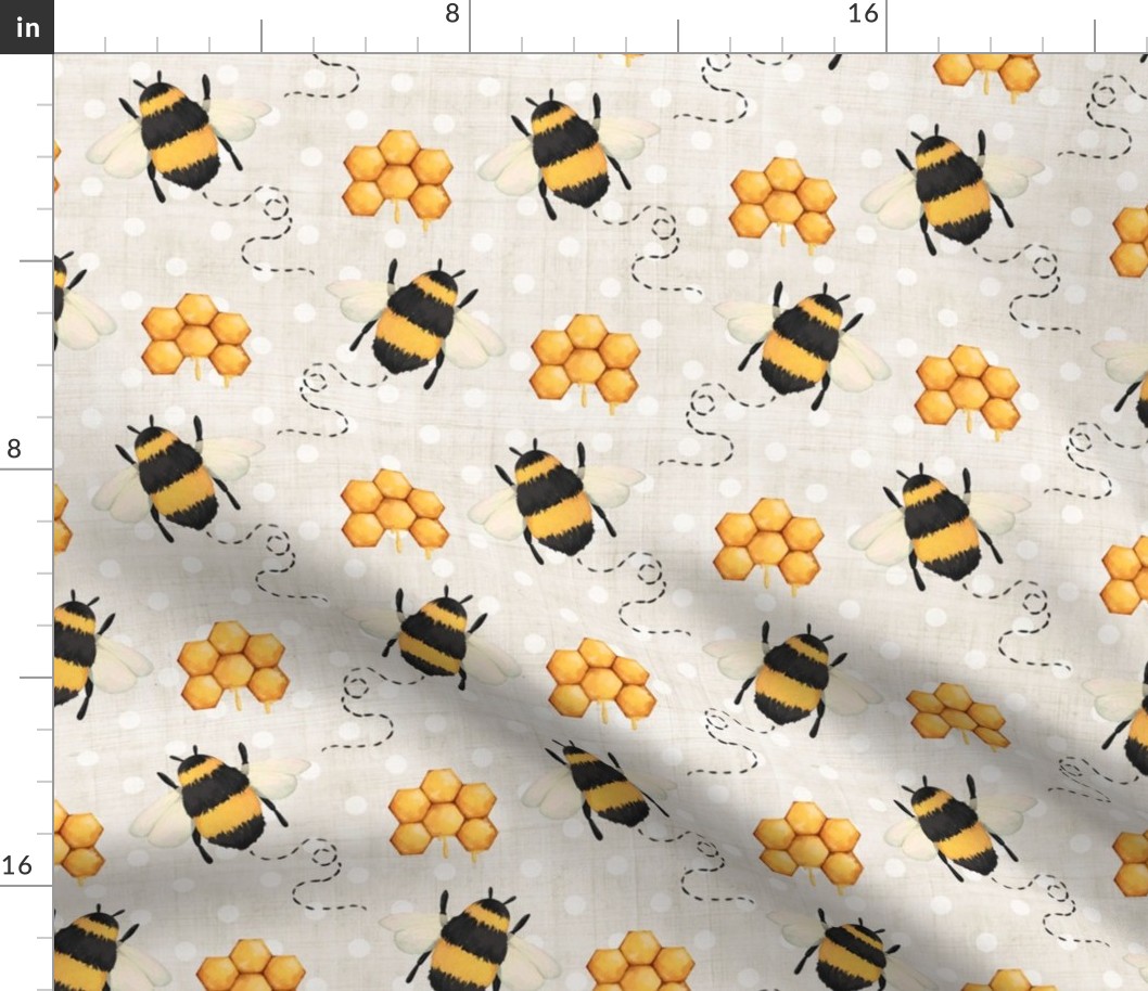 Large Scale Sweet As Can Bee Nursery Coordinate Bumblebees and Honeycomb on Pale Natural Sand and Polkadots