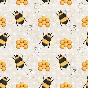 Medium Scale Sweet As Can Bee Nursery Coordinate Bumblebees and Honeycomb on Pale Natural Sand and Polkadots