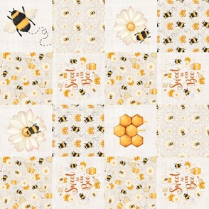 Bigger Scale Rotated Patchwork 6" Squares Sweet As Can Bee Bumblebees for Blanket or Cheater Quilt in Pale Natural Sand