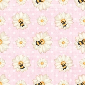 Large Scale Sweet As Can Bee Bumblebees and Daisies Nursery Coordinate Soft Pastel Pink and Polkadots