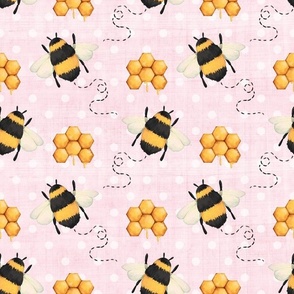 Large Scale Sweet As Can Bee Nursery Coordinate Bumblebees and Honeycomb on Soft Pastel Pink and Polkadots
