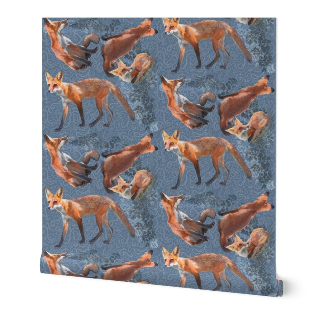 6x6-Inch Half-Drop Repeat of Multidirectional Young Foxes on Slate Blue Background