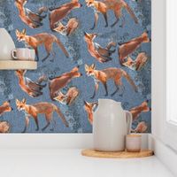 6x6-Inch Half-Drop Repeat of Multidirectional Young Foxes on Slate Blue Background