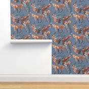 6x6-Inch Half-Drop Repeat of Multidirectional Young Foxes on Slate Blue Background