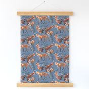 6x6-Inch Half-Drop Repeat of Multidirectional Young Foxes on Slate Blue Background