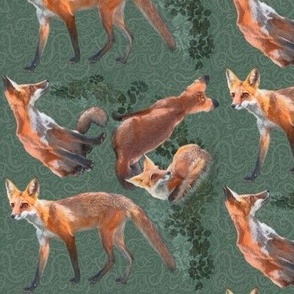 6x6-Inch Half-Drop Repeat of Multidirectional Young Foxes on Forest Green Background