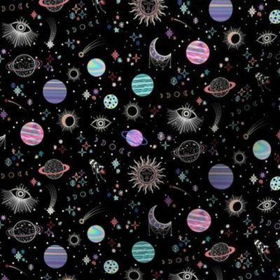 Intergalactic adorning  adventures, space, planets and mystical eyes - pastel goth - very small (4.7" W repeat)