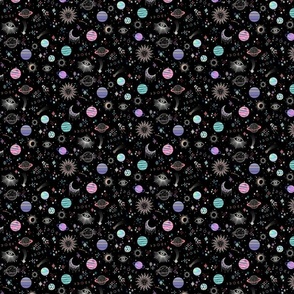 Intergalactic adorning  adventures, space, planets and mystical eyes - pastel goth - very small (4.7" W repeat)