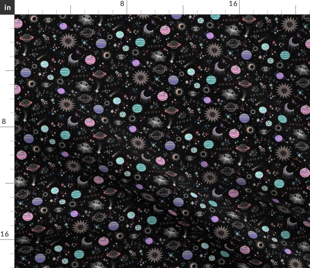 Intergalactic adorning  adventures, space, planets and mystical eyes - pastel goth - very small (4.7" W repeat)