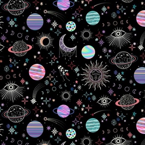 Dense Intergalactic adorning  adventures, space, planets and mystical eyes - pastel goth - medium (13.3" W repeat)