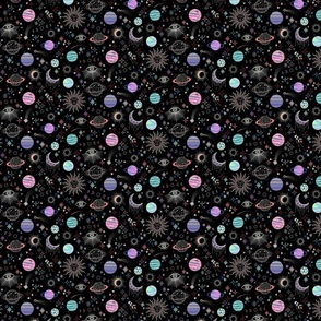 Dense Intergalactic adorning  adventures, space, planets and mystical eyes - pastel goth - very small (4.7" W repeat)