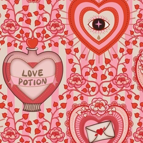 Lovecore - Kitsch Valentine's Hearts, Love Potion and Cupid, vintage stripes - red and pink- large